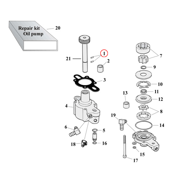 Oil Pump Parts Diagram Exploded View for 77-90 Harley Sportster 1) 77-90 XL. Pin, gear shaft. Replaces OEM: 26430-76