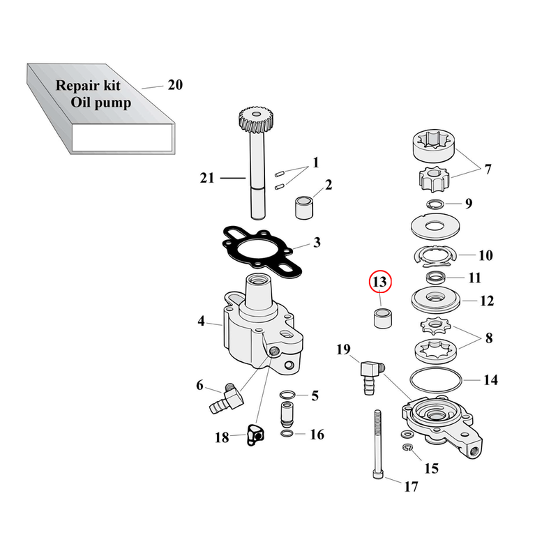 Oil Pump Parts Diagram Exploded View for 77-90 Harley Sportster 13) 77-90 XL. Bushing, pump cover. Replaces OEM: 26431-76