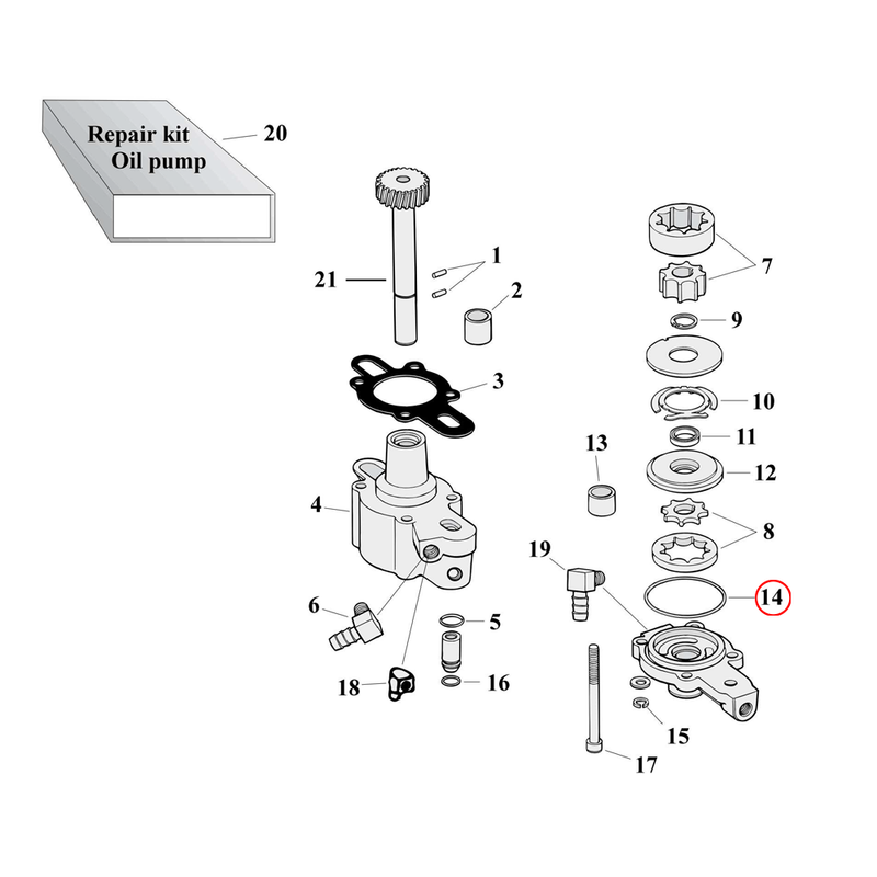 Oil Pump Parts Diagram Exploded View for 77-90 Harley Sportster 14) 77-90 XL. James o-ring, cover to body. Replaces OEM: 26434-76A