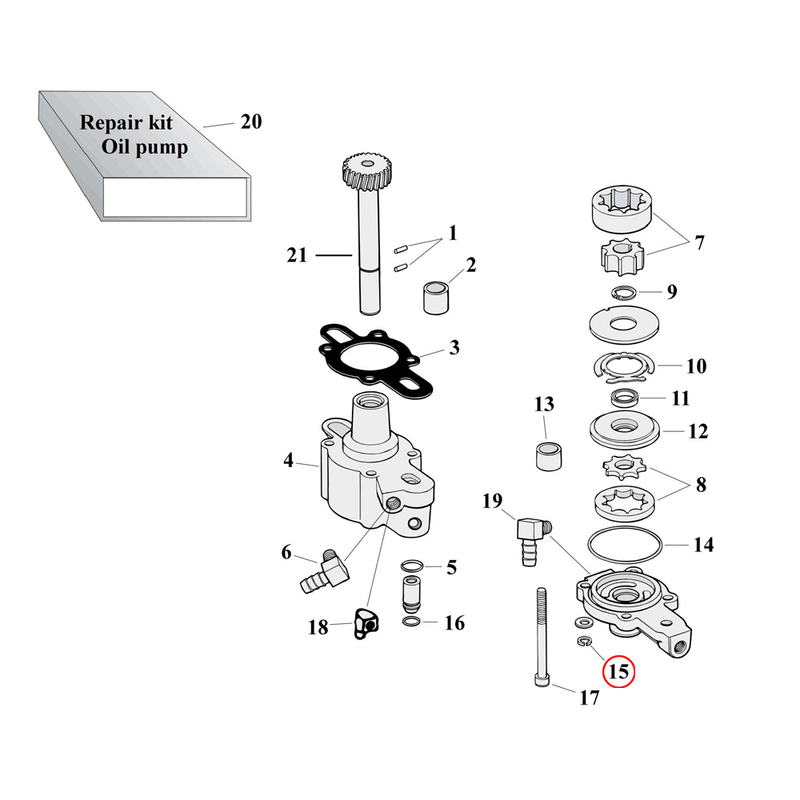 Oil Pump Parts Diagram Exploded View for 77-90 Harley Sportster 15) 77-90 XL. Lockwasher (set of 25). Replaces OEM: 7036