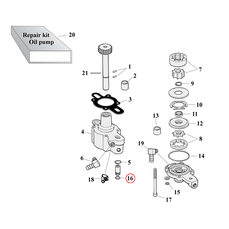 Oil Pump Parts Diagram Exploded View for 77-90 Harley Sportster 16) 77-E87 XL. James o-ring, check valve. Replaces OEM: 26433-77