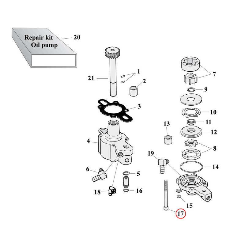 Oil Pump Parts Diagram Exploded View for 77-90 Harley Sportster 17) 77-90 XL. Oil pump mount kit, allen head