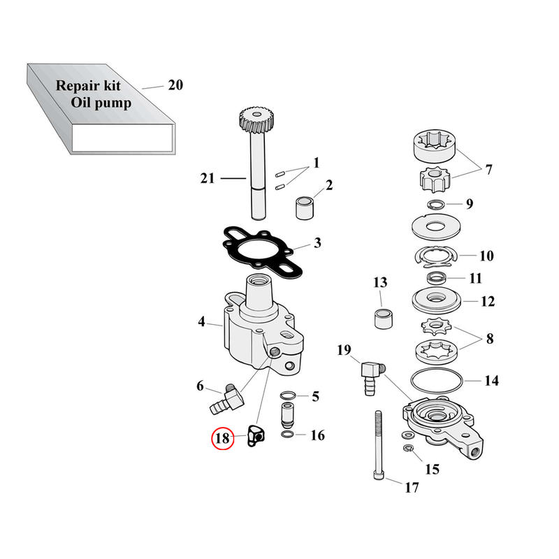 Oil Pump Parts Diagram Exploded View for 77-90 Harley Sportster 18) 86-90 XL. S&S fitting, 90 degree. Replaces OEM: 26338-68A