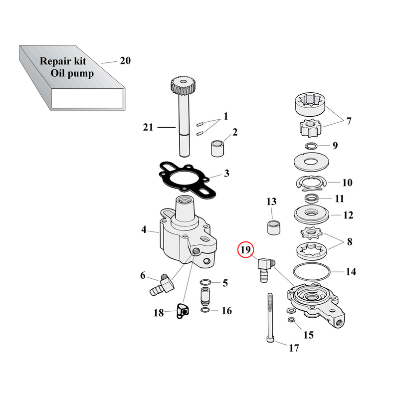 Oil Pump Parts Diagram Exploded View for 77-90 Harley Sportster 19) 77-13 XL. Fitting 90 degree. Replaces OEM: 26496-75