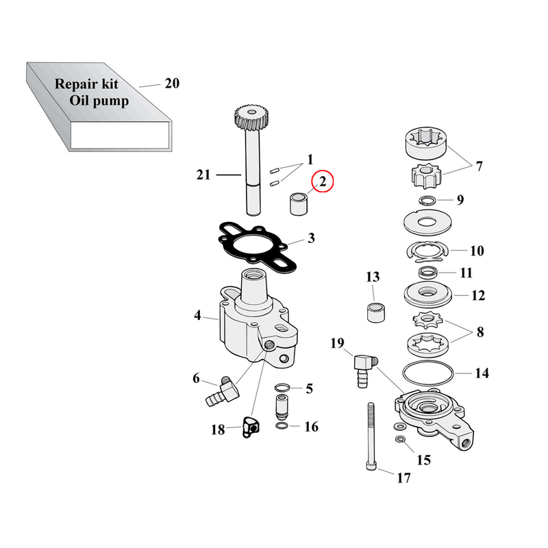 Oil Pump Parts Diagram Exploded View for 77-90 Harley Sportster 2) 77-90 XL. Bushing, gear shaft. Replaces OEM: 26489-75