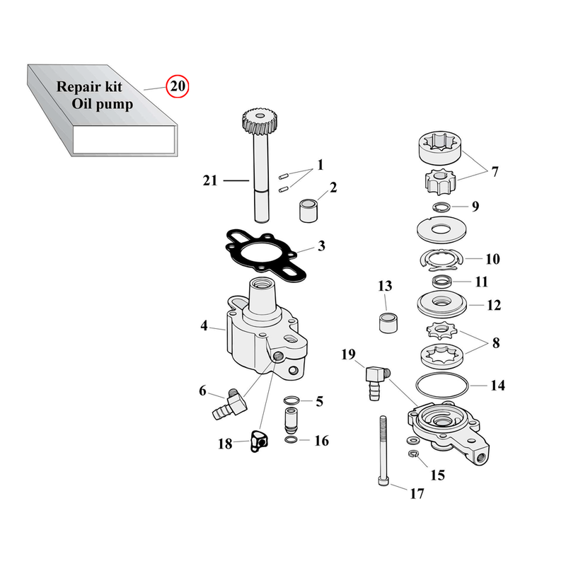 Oil Pump Parts Diagram Exploded View for 77-90 Harley Sportster 20) 52-76 K, KH, XL. James, oil pump gasket & seal kits