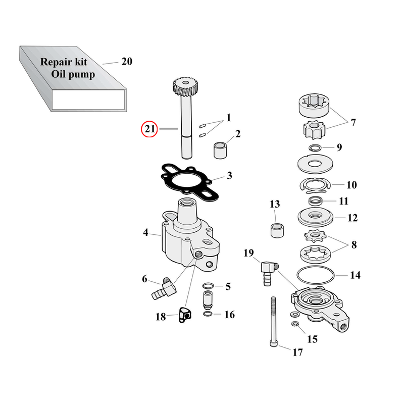 Oil Pump Parts Diagram Exploded View for 77-90 Harley Sportster 21) 77-90 XL. Drive gear shaft. Replaces OEM: 26488-75