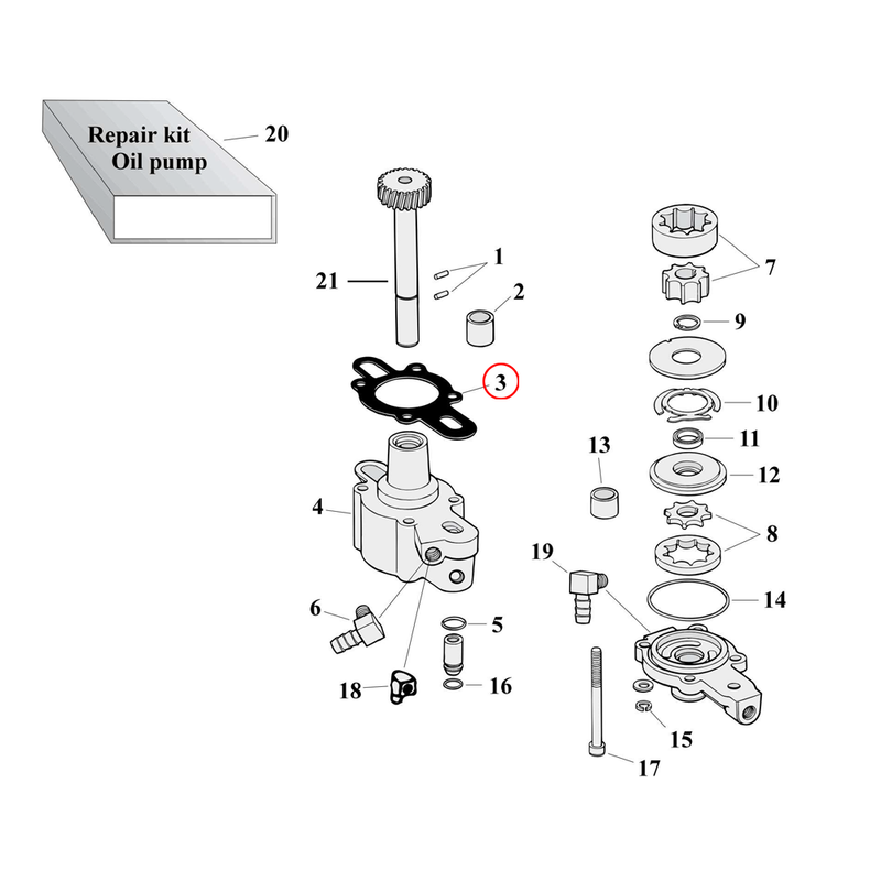 Oil Pump Parts Diagram Exploded View for 77-90 Harley Sportster 3) 77-90 XL. James gasket, body to case. Paper. Replaces OEM: 26495-75