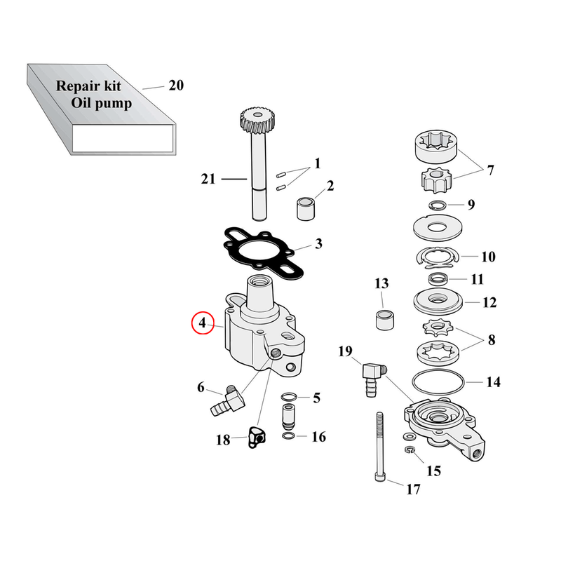 Oil Pump Parts Diagram Exploded View for 77-90 Harley Sportster 4) 77-85 XL. Complete oil pump assembly. Replaces OEM: 26197-83