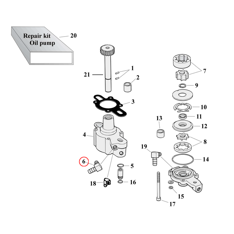 Oil Pump Parts Diagram Exploded View for 77-90 Harley Sportster 6) 77-13 XL. Fitting, 90 degree. Replaces OEM: 26496-75A