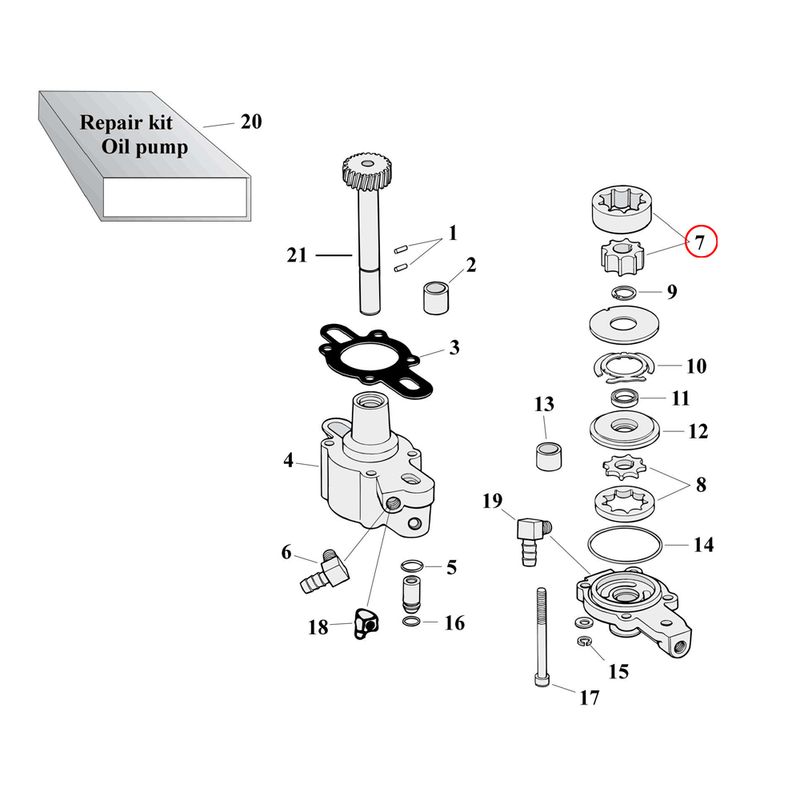 Oil Pump Parts Diagram Exploded View for 77-90 Harley Sportster 7) 77-81 XL. Gerotor set, return. Replaces OEM: 26491-75