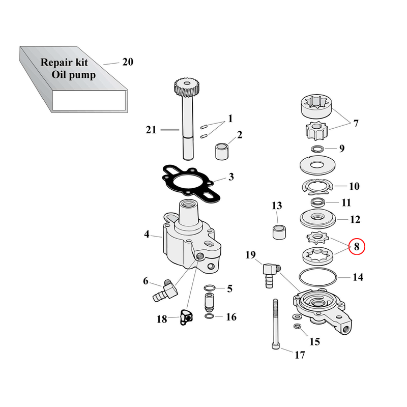 Oil Pump Parts Diagram Exploded View for 77-90 Harley Sportster 8) 77-81 XL. Gerotor set, feed. Replaces OEM: 26492-75