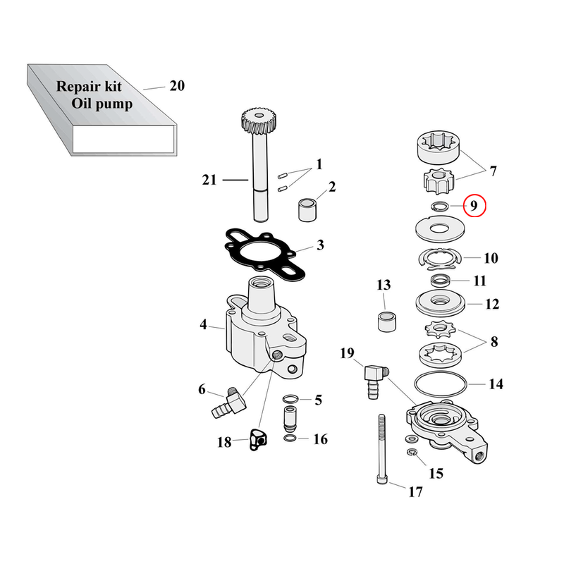 Oil Pump Parts Diagram Exploded View for 77-90 Harley Sportster 9) 77-90 XL. Ret. rings, gear shaft. Replaces OEM: 26497-75