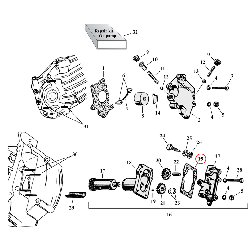 Oil Pump Parts Diagram Exploded View for Harley 45" Flathead 15) 37-73 45" SV. James gasket, bottom oil pump. Replaces OEM: 26246-37