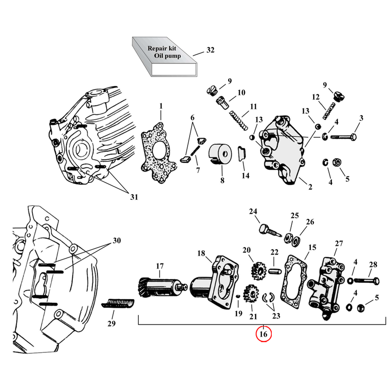 Oil Pump Parts Diagram Exploded View for Harley 45" Flathead 16) 38-73 45" SV. Oil pump assembly, scavenge. Replaces OEM: 26205-38 & 588-38