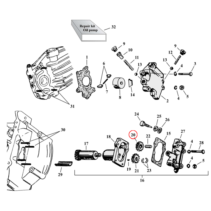 Oil Pump Parts Diagram Exploded View for Harley 45" Flathead 20) 37-73 45" SV. Idler gear, scavenge. Replaces OEM: 26326-37