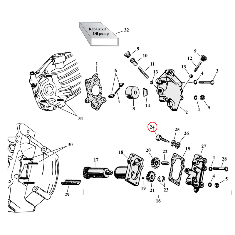 Oil Pump Parts Diagram Exploded View for Harley 45" Flathead 24) 32-73 45" SV. Slotted head adjusting screw, chain oiler. Replaces OEM: 672-32, 26383-32 & 63614-72