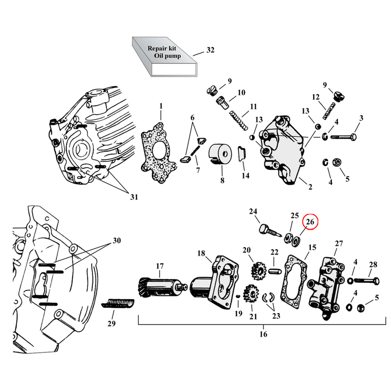 Oil Pump Parts Diagram Exploded View for Harley 45" Flathead 26) 37-73 45" SV. James brass washer. Replaces OEM: 6156