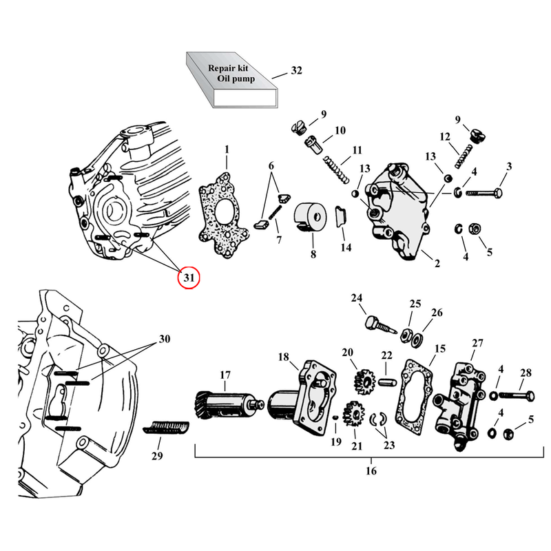 Oil Pump Parts Diagram Exploded View for Harley 45" Flathead 31) 37-73 45"SV. Stud, feed pump (set of 5). Replaces OEM: 24819-37