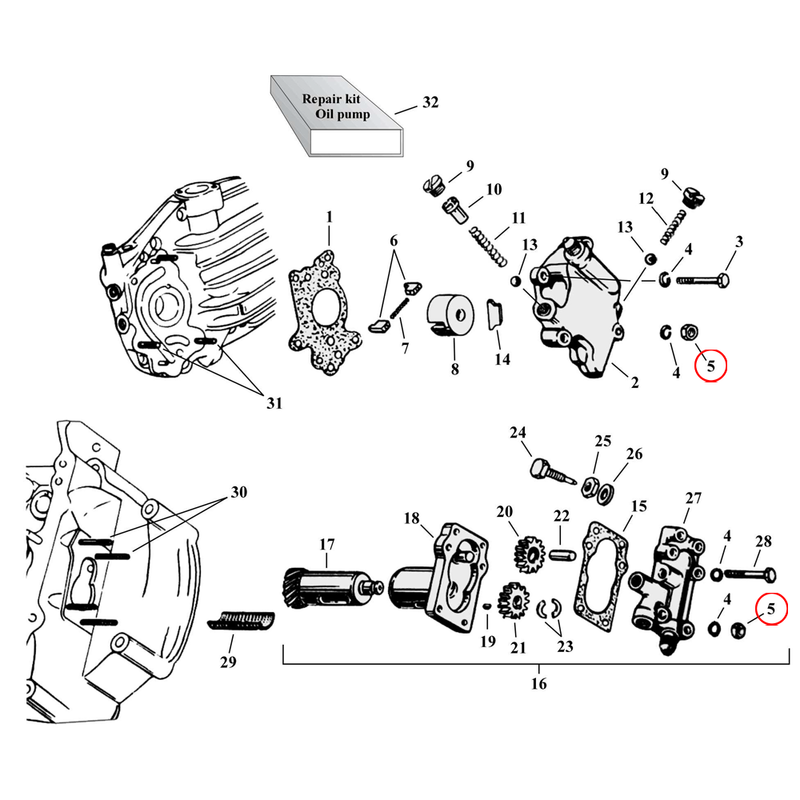 Oil Pump Parts Diagram Exploded View for Harley 45" Flathead 5) 37-73 45" SV. Nut 1/4-24 x 5/32 x 7/16 hex (7 used, sold each). Replaces OEM: 7691W