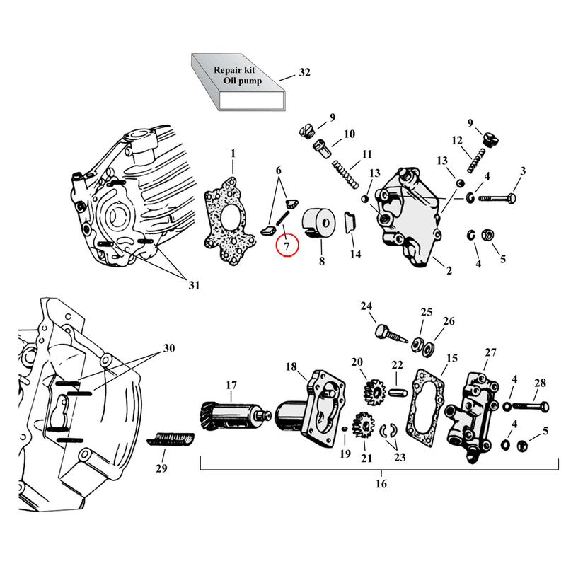 Oil Pump Parts Diagram Exploded View for Harley 45" Flathead 7) 37-73 45" SV. Spring, feed pump vane. Replaces OEM: 26286-37