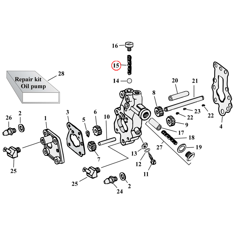 Oil Pump Parts Diagram Exploded View for Harley Knuckle / Pan / Shovel 15) 56-65 Big Twin. Spring, check valve. Replaces OEM: 26363-56
