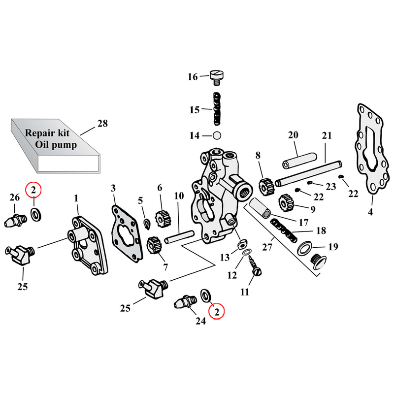 Oil Pump Parts Diagram Exploded View for Harley Knuckle / Pan / Shovel 2) L50-86 Big Twin Seal washers. Replaces OEM: 6377