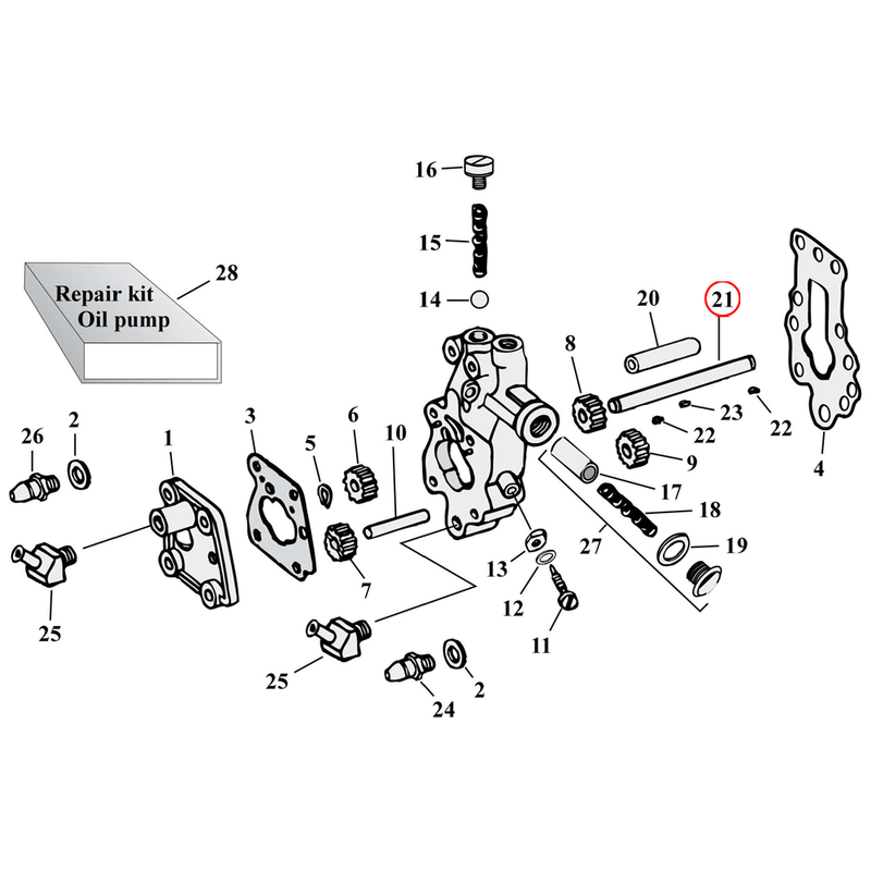 Oil Pump Parts Diagram Exploded View for Harley Knuckle / Pan / Shovel 21) 36-67 Big Twin. Jims standard size oil pump drive shaft. Replaces OEM: 26346-36