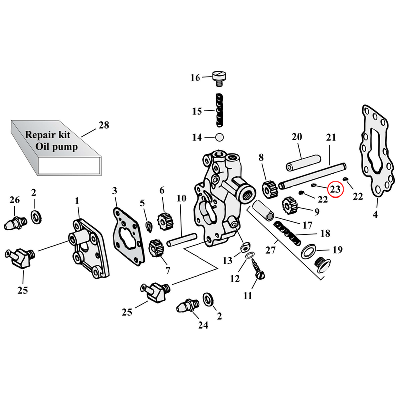 Oil Pump Parts Diagram Exploded View for Harley Knuckle / Pan / Shovel 23) 41-67 Big Twin. Woodruff key. Replaces OEM: 26340-36