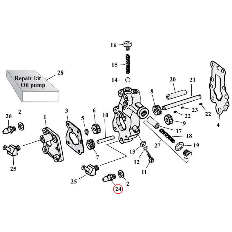 Oil Pump Parts Diagram Exploded View for Harley Knuckle / Pan / Shovel 24) 36-64 Big Twin. Fitting, oil line. Replaces OEM: 63533-15