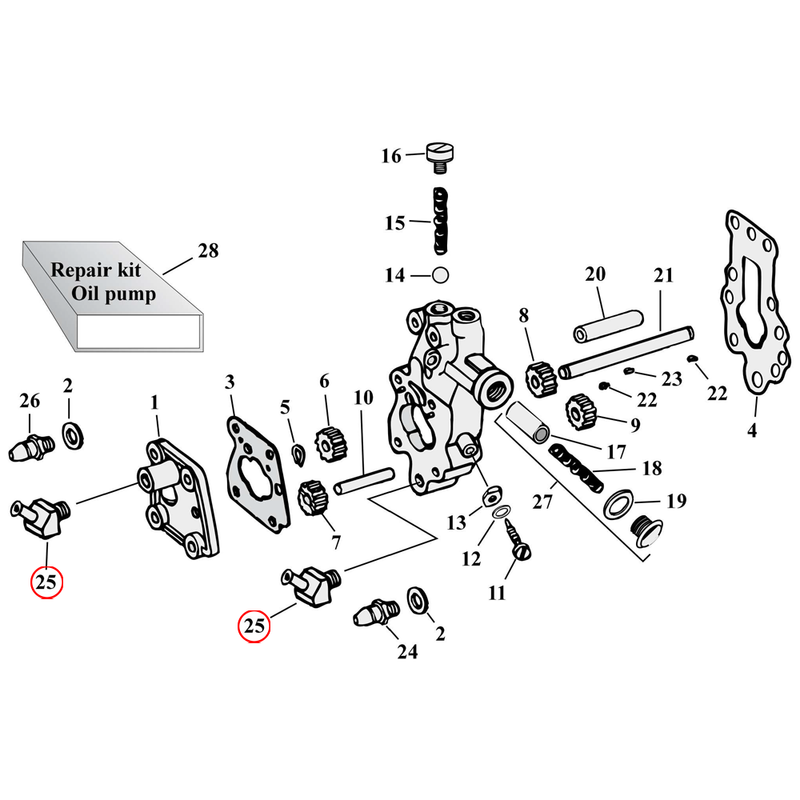 Oil Pump Parts Diagram Exploded View for Harley Knuckle / Pan / Shovel 25) 65-67 Big Twin. Elbow fitting. Replaces OEM: 63540-62