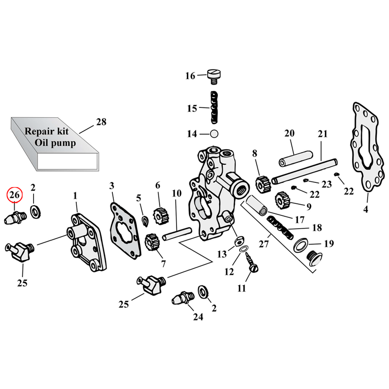 Oil Pump Parts Diagram Exploded View for Harley Knuckle / Pan / Shovel 26) 50-64 Big Twin. Fitting, oil line (set of 2). Replaces OEM: 26424-50
