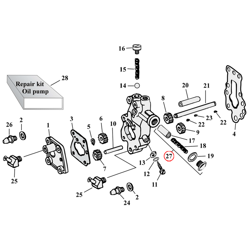 Oil Pump Parts Diagram Exploded View for Harley Knuckle / Pan / Shovel 27) 54-67 Big Twin. Relief valve kit.
