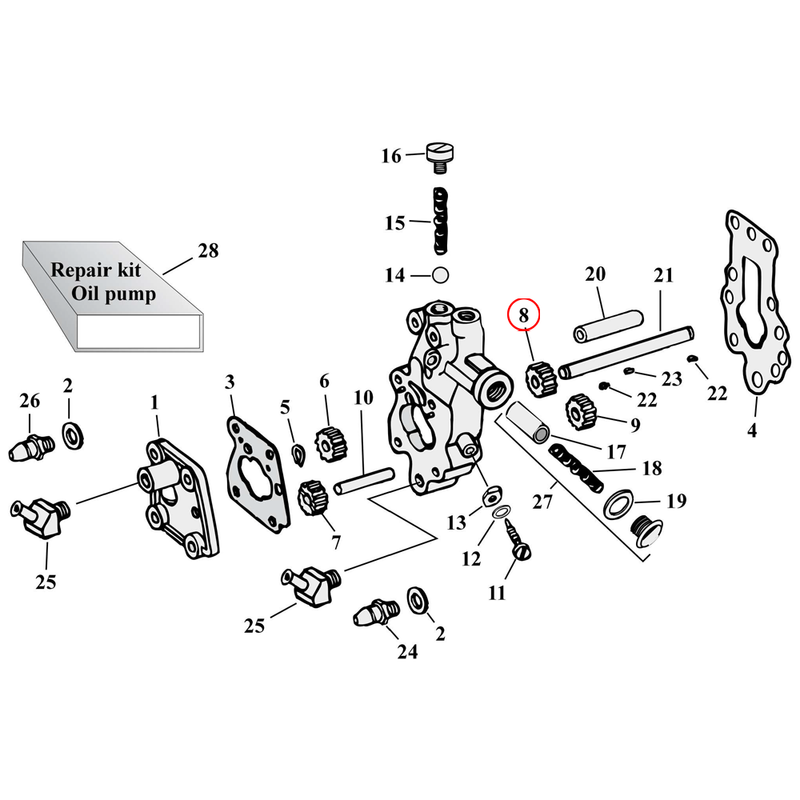 Oil Pump Parts Diagram Exploded View for Harley Knuckle / Pan / Shovel 8) 48-67 Big Twin. Feed gear, driven. Replaces OEM: 26315-48