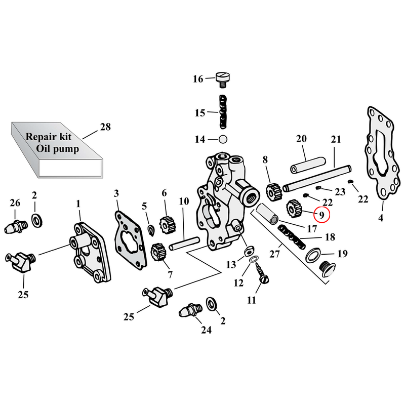 Oil Pump Parts Diagram Exploded View for Harley Knuckle / Pan / Shovel 9) 48-E62 Big Twin. Feed gear, idle. Replaces OEM: 26317-48