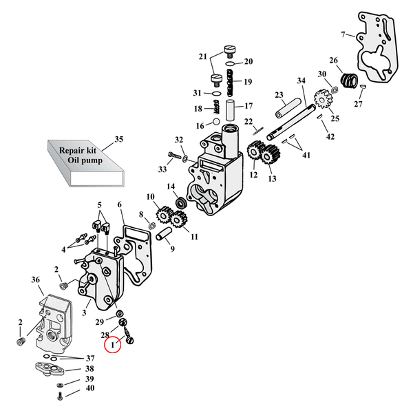 Oil Pump Parts Diagram Exploded View for Harley Shovelhead & Evolution Big Twin 1) 33-64 & 68-E83 Big Twin. Chain oiler adjusting screw. Round slotted head. Replaces OEM: 63614-72 & 26383-32