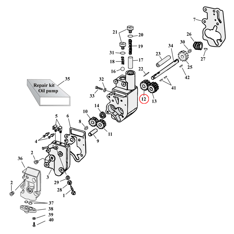 Oil Pump Parts Diagram Exploded View for Harley Shovelhead & Evolution Big Twin 12) 68-99 Big Twin. S&S return gear, driven. Replaces OEM: 26315-68A