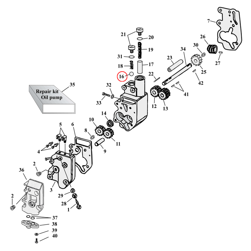 Oil Pump Parts Diagram Exploded View for Harley Shovelhead & Evolution Big Twin 16) 37-99 Big Twin. James 3/8" check balls. Replaces OEM: 8866 & 8873
