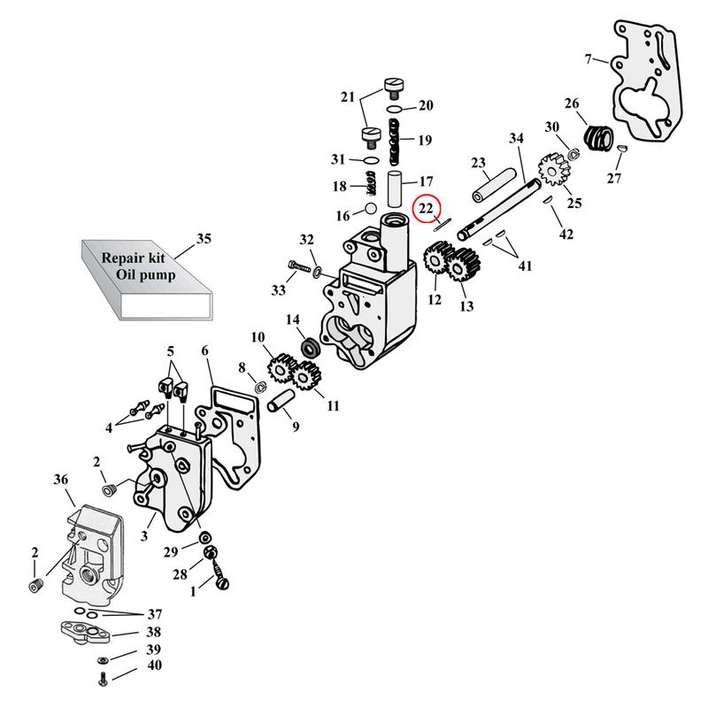 Oil Pump Parts Diagram Exploded View for Harley Shovelhead & Evolution Big Twin 22) 84-99 Big Twin. Roll pin. Replaces OEM: 239