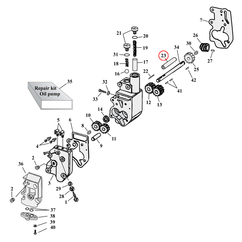 Oil Pump Parts Diagram Exploded View for Harley Shovelhead & Evolution Big Twin 23) 36-99 Big Twin. Bushing, oil pump drive shaft. Replaces OEM: 24641-36