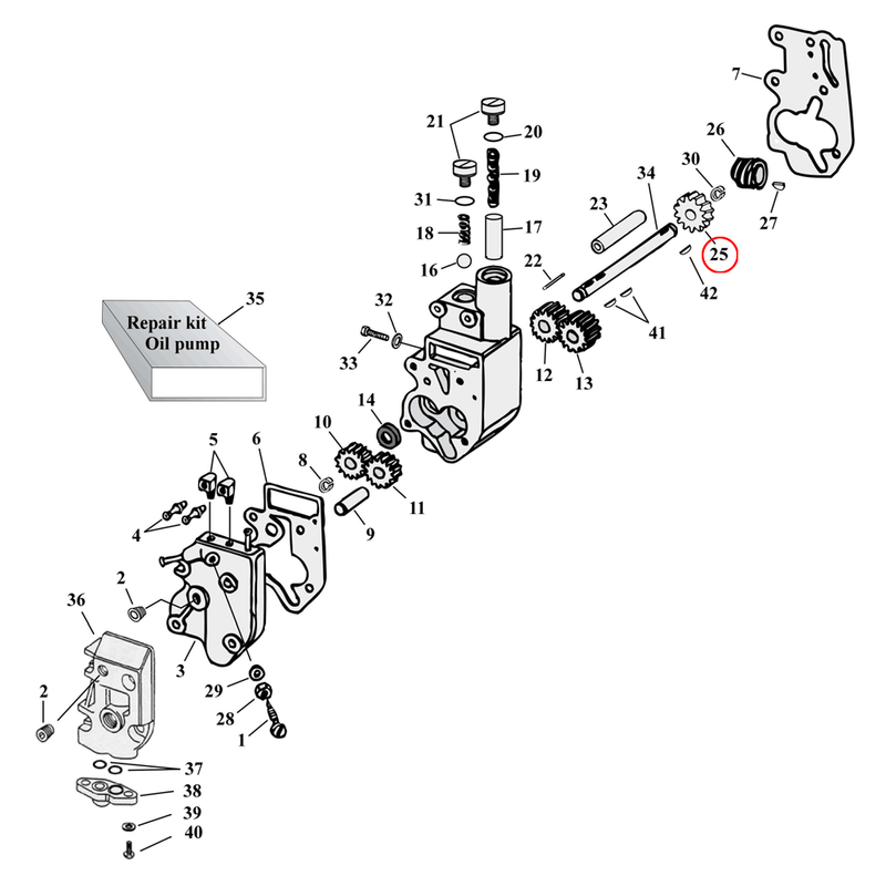 Oil Pump Parts Diagram Exploded View for Harley Shovelhead & Evolution Big Twin 25) 73-99 Big Twin. 24T driven gear, oil pump. Replaces OEM: 26345-73