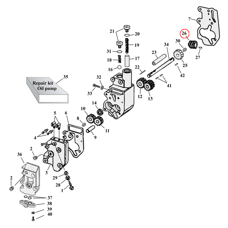 Oil Pump Parts Diagram Exploded View for Harley Shovelhead & Evolution Big Twin 26) 54-72 Big Twin. 5T drive gear, oil pump. Replaces OEM: 26349-54
