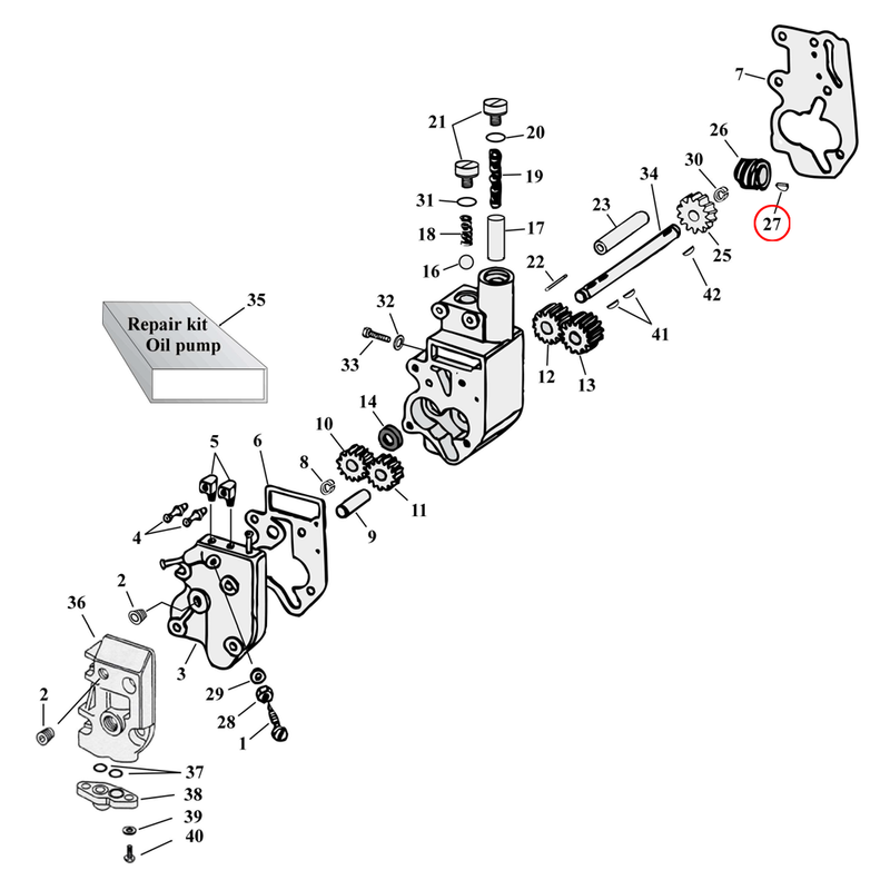 Oil Pump Parts Diagram Exploded View for Harley Shovelhead & Evolution Big Twin 27) 54-89 Big Twin. Woodruff key. Replaces OEM: 23985-54