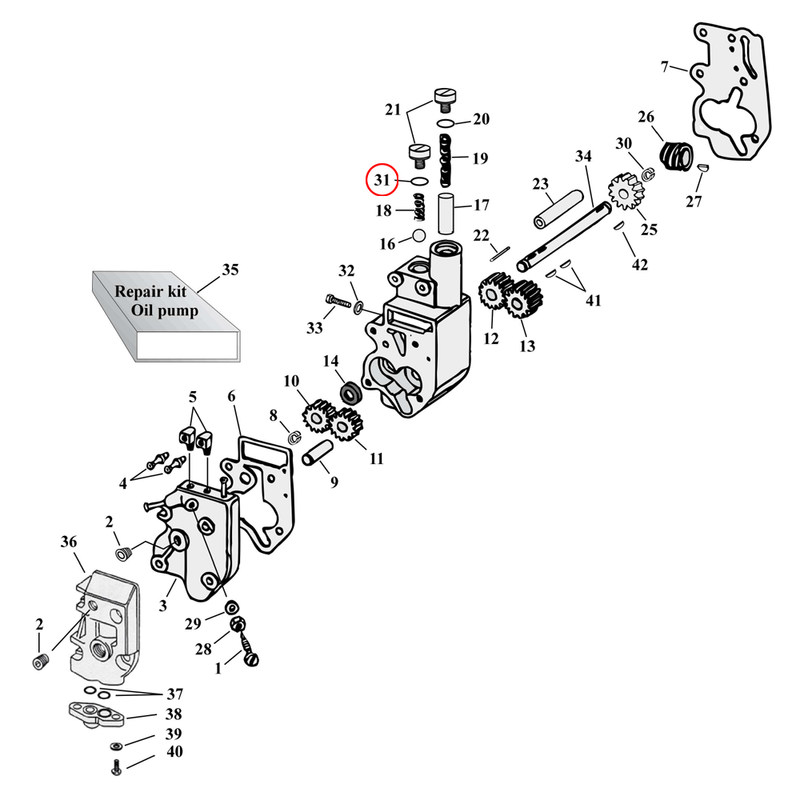 Oil Pump Parts Diagram Exploded View for Harley Shovelhead & Evolution Big Twin 31) L78-99 Big Twin. James o-ring, check valve plug. Replaces OEM: 11105