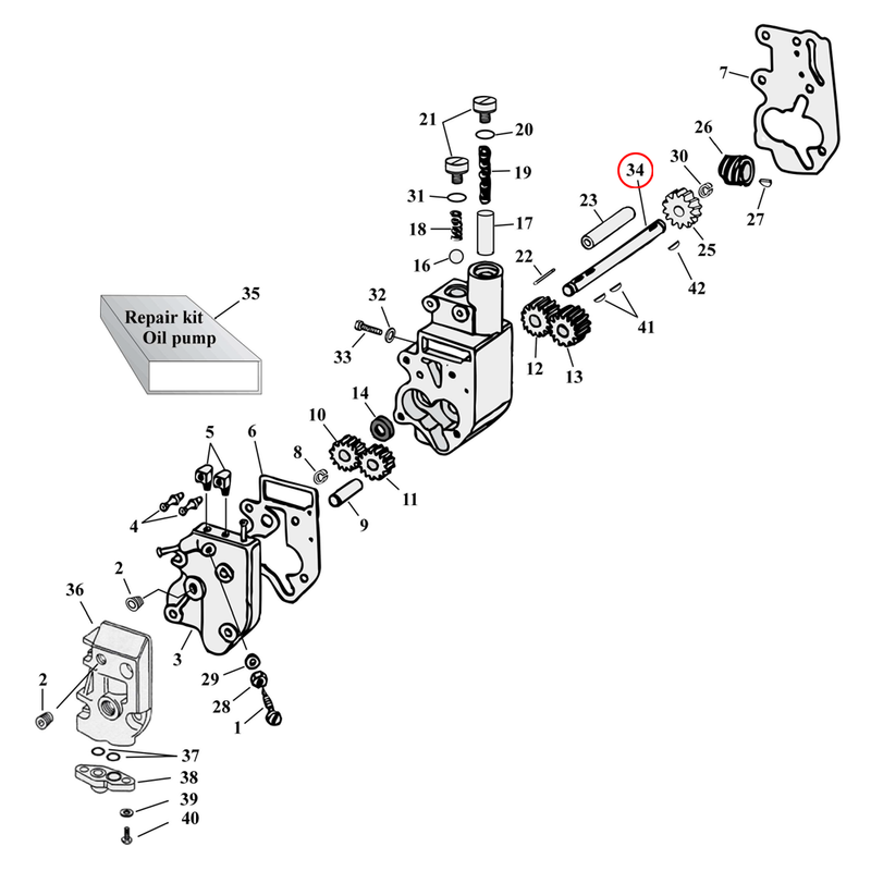 Oil Pump Parts Diagram Exploded View for Harley Shovelhead & Evolution Big Twin 34) 70-99 Big Twin. S&S drive shaft, oil pump. Replaces OEM: 26346-70