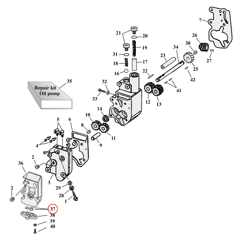 Oil Pump Parts Diagram Exploded View for Harley Shovelhead & Evolution Big Twin 37) 92-99 Big Twin. James o-ring, oil pump end cap. Replaces OEM: 11241