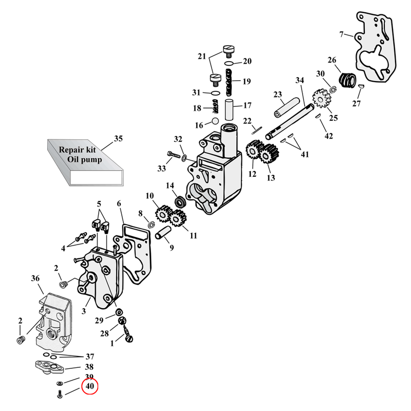 Oil Pump Parts Diagram Exploded View for Harley Shovelhead & Evolution Big Twin 40) 92-99 Big Twin Bolt. Replaces OEM: 942