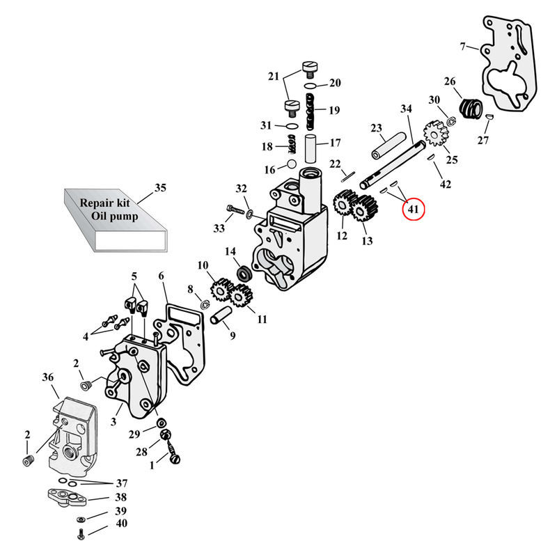 Oil Pump Parts Diagram Exploded View for Harley Shovelhead & Evolution Big Twin 41) 41-99 Big Twin. Woodruff key, driven gears. Replaces OEM: 26348-15
