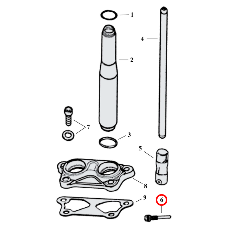 Pushrod Parts Diagram Exploded View for 04-22 Harley Sportster 6) 00-05 XL. Anti-rotation screw.