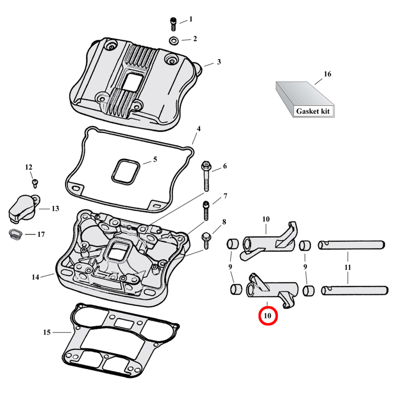 Rocker Box Parts Diagram Exploded View for 04-22 Harley Sportster 10) 04-22 XL & XR1200. Rocker arm, front intake / rear exhaust (standard 1.625 ratio). Replaces OEM: 17360-83A